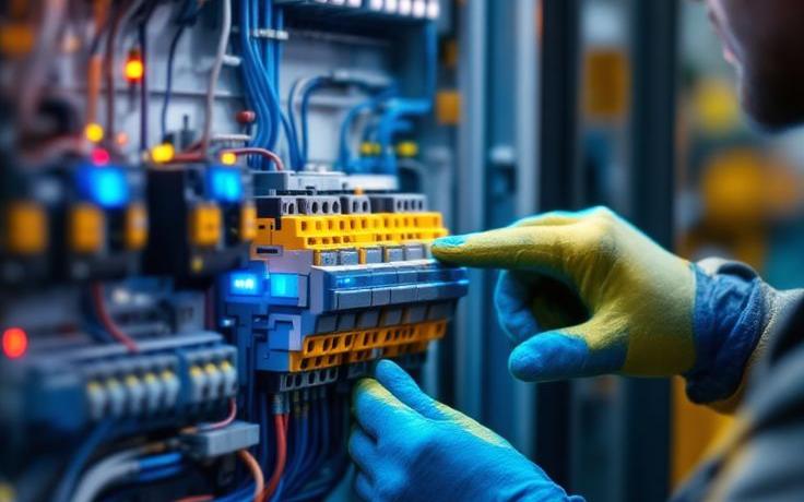 Manutenção elétrica em painel industrial com disjuntores e bornes